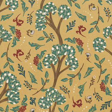 Golden Cypress decorative fabric in mustard yellow with green, burgundy, and ivory botanical foliage design, shown with ruler for scale — premium cotton-blend textile ideal for custom drapes, Roman blinds, accent cushions, and bold interior styling in eclectic, retro, or boho-inspired spaces